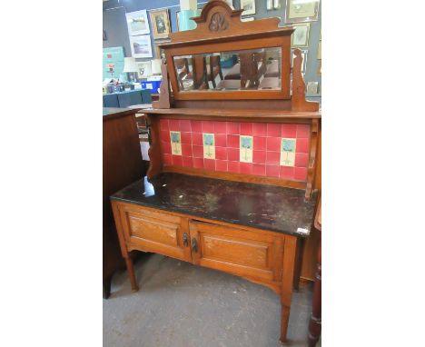 Edwardian oak mirror and tiled back, marble top wash stand.(B.P. 21 + VAT) 