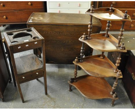 Early 20th century oak gate leg table, together with a Victorian style mahogany serpentine corner whatnot, and a 19th century