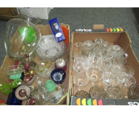 Two boxes of assorted glassware etc. to include four cut glass liquor glasses, moulded glass tumblers and goblets, large glas