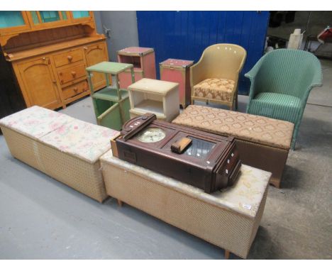 Collection of Lloyd Loom style furniture, to include ottomans, bedroom chairs, lamp tables, etc. Together with a mid century 