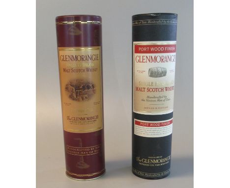 Two Glenmorangie single Highland malt scotch whisky in original tubular boxes, one port wood finish, the other 10 years old. 