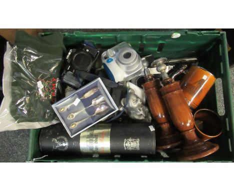 Mixed box containing Fuji Film Instax Mini 7 camera, Minolta 7000 camera, Derlai x3000 camera, Polaroid 1200i, green T-shirt 