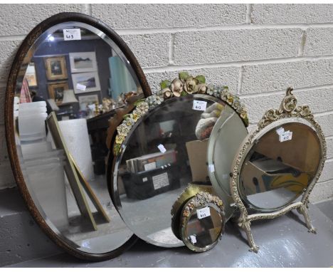 Collection of mirrors to include swivel table mirror, frameless bevel mirror with floral mounts, Edwardian mirror, etc. (4)(B