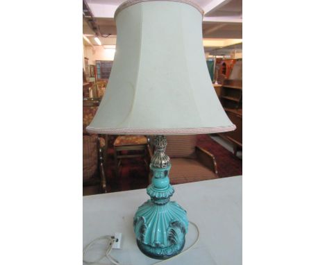 Turquoise ceramic and white metal lamp base with cream shade.(B.P. 21% + VAT) 