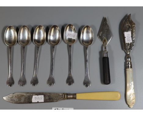 Set of six silver teaspoons, Sheffield hallmarks. Together with a miniature silver plated trowel with turned handle and a sil