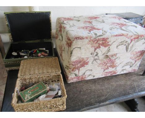 Upholstered floral and foliate pouffe with hinged lid, together with a wicker box and another box. The interiors reveal sewin