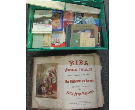 Box of assorted reference books, album of black and white photographs of Pembrokeshire, clock and watch repairing books, larg