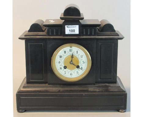 Late 19th century black slate two-train architectural mantel clock with Arabic numerals. 33 cm high approx.(B.P. 21% + VAT) 