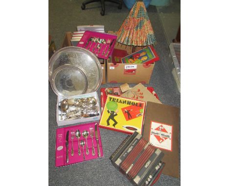 Two boxes of assorted items to include some vintage toys/games including Trianhole, Spiralway, plated flatware, silver plated