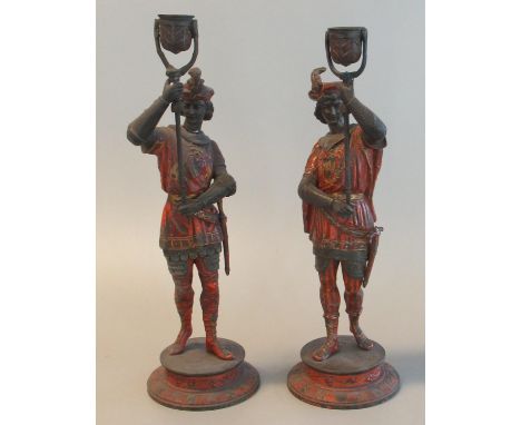 Pair of polychrome decorated and gilded spelter Italianate figures, probably depicting lamp lighters. 40 cm high approx. (2)(
