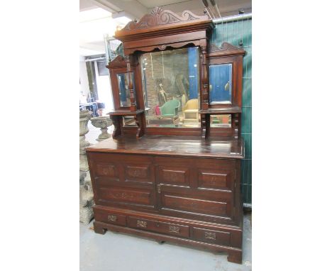 Oak mirror back sideboard a marriage which includes probably an 18th century oak coffer, now converted to a cupboard.(B.P. 21