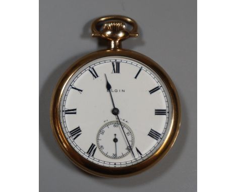 Elgin gold plated open faced pocket watch with enamel face and Roman numerals with engraved chased decoration to the reverse.