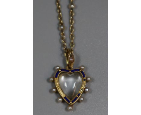 Victorian heart shaped locket pendant decorated with blue enamel and surrounded by pearls. On yellow metal and pearl chain. A