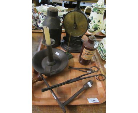 Tray containing cast iron and brass Salters scales (without scale pan), vintage lidded metal coffee canister, stoneware bottl