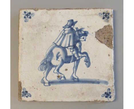 18th century delft blue and white tile depicting a man on horseback. 13x13 cm approx.(B.P. 21% + VAT) 