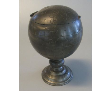 Chinese pewter globe-shaped pedestal tobacco jar with hinged lid revealing inner cover, engraved with map compass rose and Ch