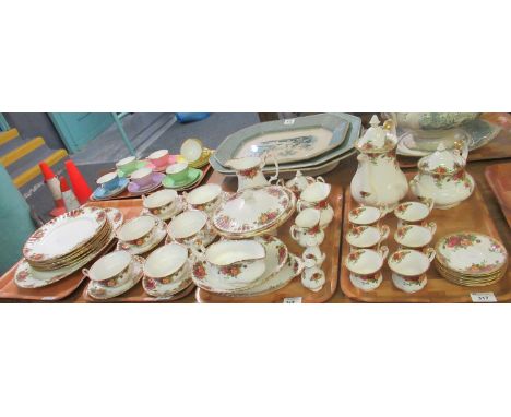 Four trays of Royal Albert 'Old Country Roses' to include: six place settings of dinner plates, soup dishes, and coffee cups 