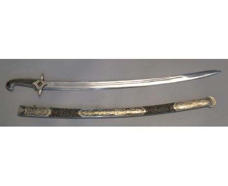 Modern Persian style marmeluke sword or sabre, the hilt and scabbard has blued decoration, wirework and inset stones. Overall