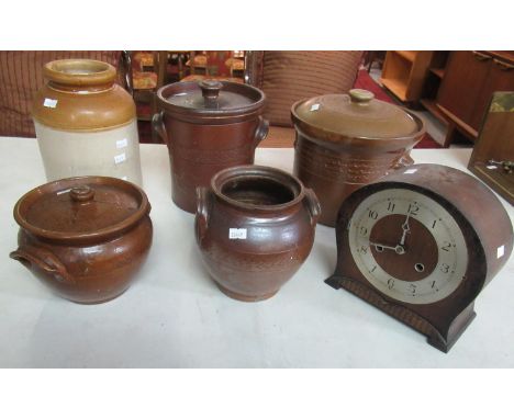 Box containing assorted items to include; a Smiths wooden mantel clock, various earthenware lidded pots and a two tone stonew