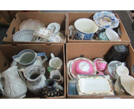 Four boxes of assorted china to include: blue and white Delft style planter, pedestal cake stand, 19th century jugs including