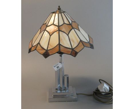 Chrome plated art deco design lamp base with modern Tiffany style leaded shade. 46 cm high approx. (B.P. 21% + VAT) Passed PA