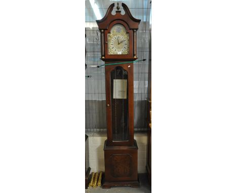 Reproduction Westminster Germany mahogany finish long case clock with pendulum and three weights. (B.P. 21 + VAT) 