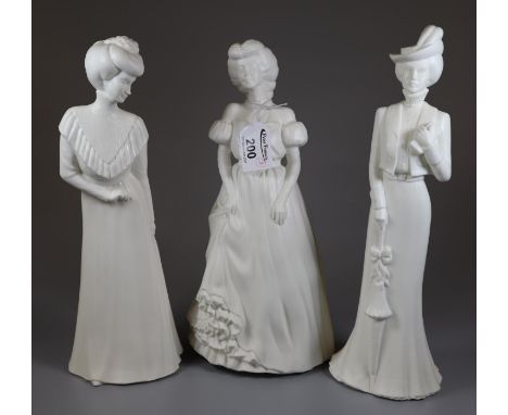 Three Royal Worcester blanc de chine fine bone china figurines to include 'Morning', 'Afternoon', and 'Evening'. (3)(B.P. 21%