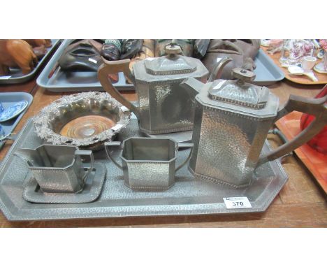 Pewter tray with pewter tea and coffee set marked 'Craftsman Sheffield Pewter'. Tea and coffee pot are beaten pewter with woo