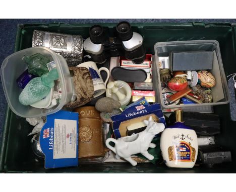 Crate of various oddments to include pair of Bosch binoculars, various playing cards, ceramic thimbles, Hanimex camera, light