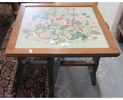 Early 20th century oak folding glass-top tapestry table or fire screen. (B.P. 21% + VAT) Generally sound , some wear/ marks t