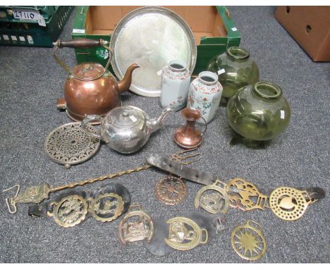 Mixed box containing vintage electric copper kettle, electroplated teapot, pair of hand painted Oriental design vases, pair o