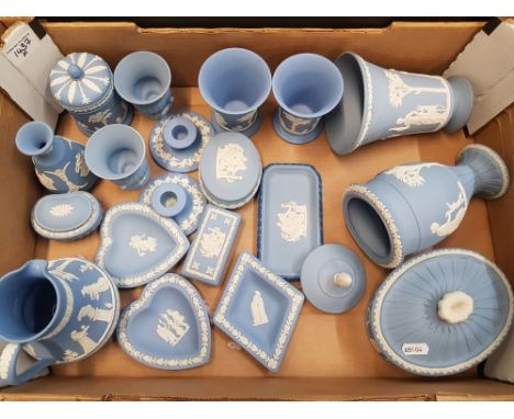 Wedgwood jasperware items in powder blue including lidded pots, squat candlestick holders, vases etc, 19 pieces (1 tray).
