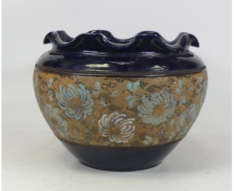 Royal Doulton stone ware planter raised gilt floral pattern with a scalloped type gloss blue rim( chip noted) 23cm dia 