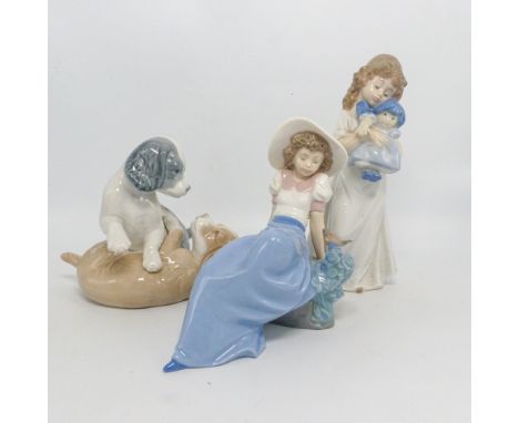 Three Nao figures, Girl with Ragdoll, Puppies Playing and a Girl with Small Bird, tallest 21cm (3)