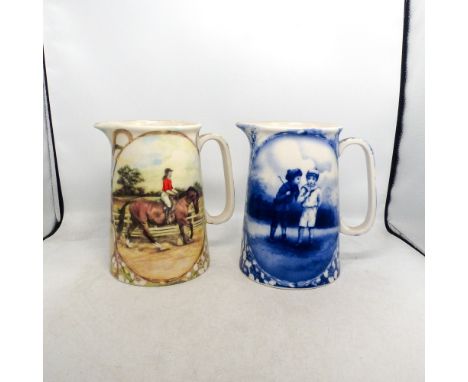 Two Ceramic Pitchers with Printed Scenes of Two Boys in monochrome blue together with a Horse Riding Girl. Height: 21cm (2) 