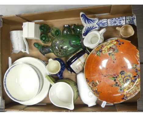 A Mixed Collection of Items including Green and Metal Overlay Glass Set, Art Deco Lustre Bowl, Delft Candlestick, Portmerion 
