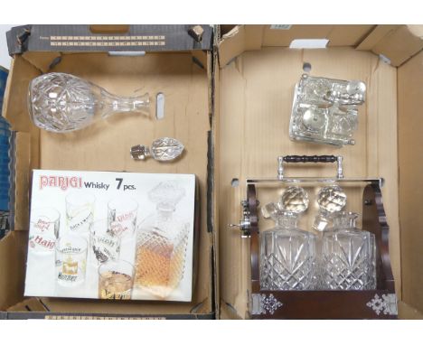 Crystal and Glass items, includes, Whiskey Two Bottle Tantalus, Four piece EPNS cruet set, Cut Crystal Decanter and a Parigi 