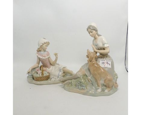 Lladro figure of a Girl with Flower Basket and a Nao figure of a Girl with a Dog, height of tallest 23cm (2)
