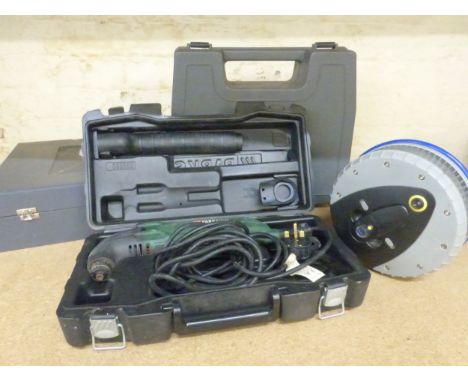 Selection of power tools to include Makita Jigsaw 4320, Parkside PMFW310, Michelin tyre air compressor and large box of sandp