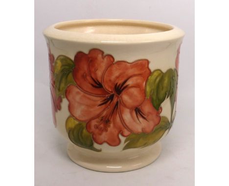 Moorcroft planter in the magnolia pattern on cream ground, crazed and hairline to base rim, height 17.5cm.