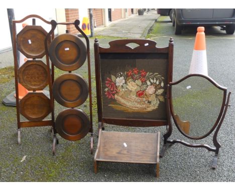 20th Century Embroidered Firescreen, Two Folding Plate Stand, Swing Mirror and Book Trough (5)