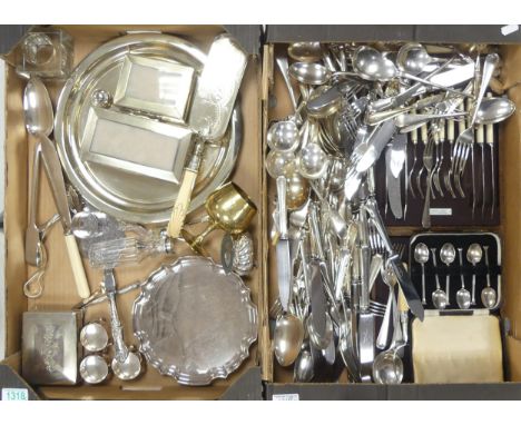 A Good Collection of Silverplated Cutlery, Crumb Tray, Cigarette Boxes, Lighter, Plates etc. (2 Trays)