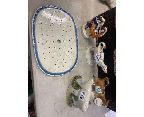 Staffordshire Pottery display to include figure of two children, herd Boy with cow, brown cow cream pitcher and  white cow cr