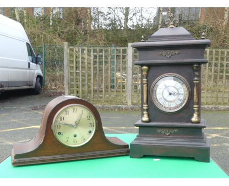 Mid-Century Napoleon Hat Type Mantle Clock together with Reproduction Slate Effect Mantle Clock. Height: 51cm (2) 