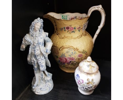 Dresden porcelain floral decorated ginger jar, blue and white gentleman figure and floral decorated water pitcher. (H: 21cm) 
