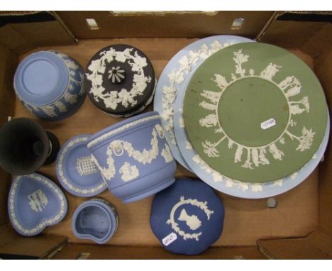 Wedgwood jasper ware items to include a white on black lidded circular box, small powder blue planter, pin dishes together wi