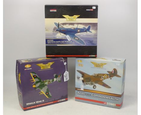 Three 1:72 Scale Corgi 'The Aviation Archive' WWII to include AA36502 Hawker Typhoon IB - Sqn. Ldr R P Beamont, OC No.609 Sqn