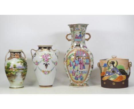 Four Oriental Ceramic Items, includes Famille Rose Twin Handled Vase, Biscuit Barrel and two Noritake Vases. Largest with res