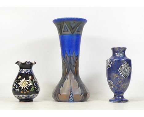 Three Ceramic Vases, includes Clewes Chameleon Ware Vase, JKL Osaka Vase and smaller enamelled vase. Height: 23.5cm (3)