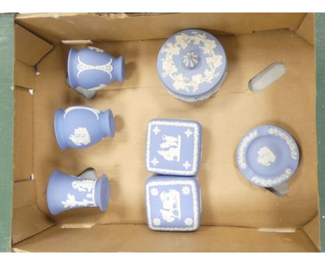Wedgwood Powder Blue Jasper Ware to include Square lidded trinket boxes, circular lidded trinket box, vases and an ashtray (1